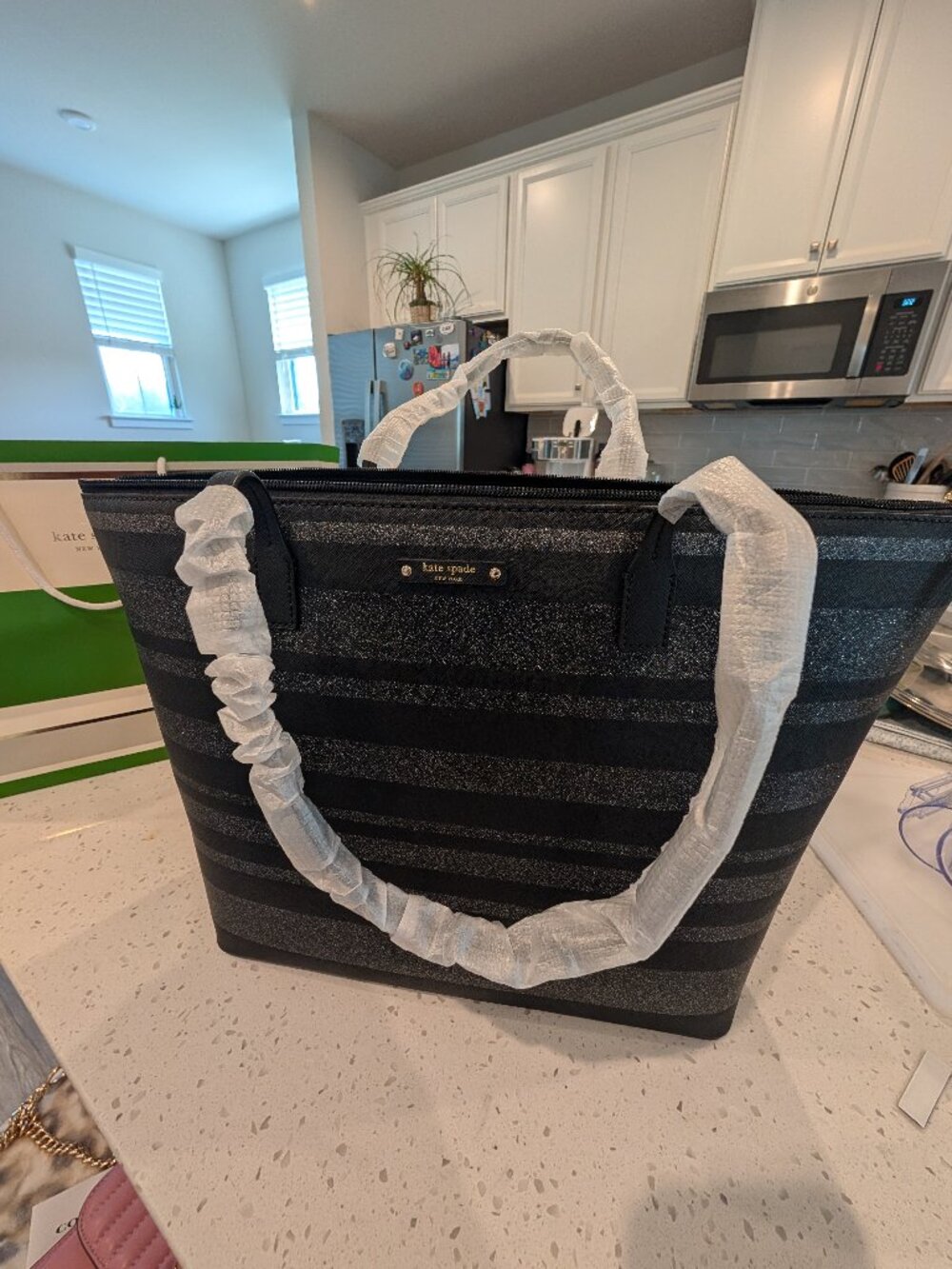 BRAND NEW Kate Spade Black Metallic Glitter Stripe Tote Bag
